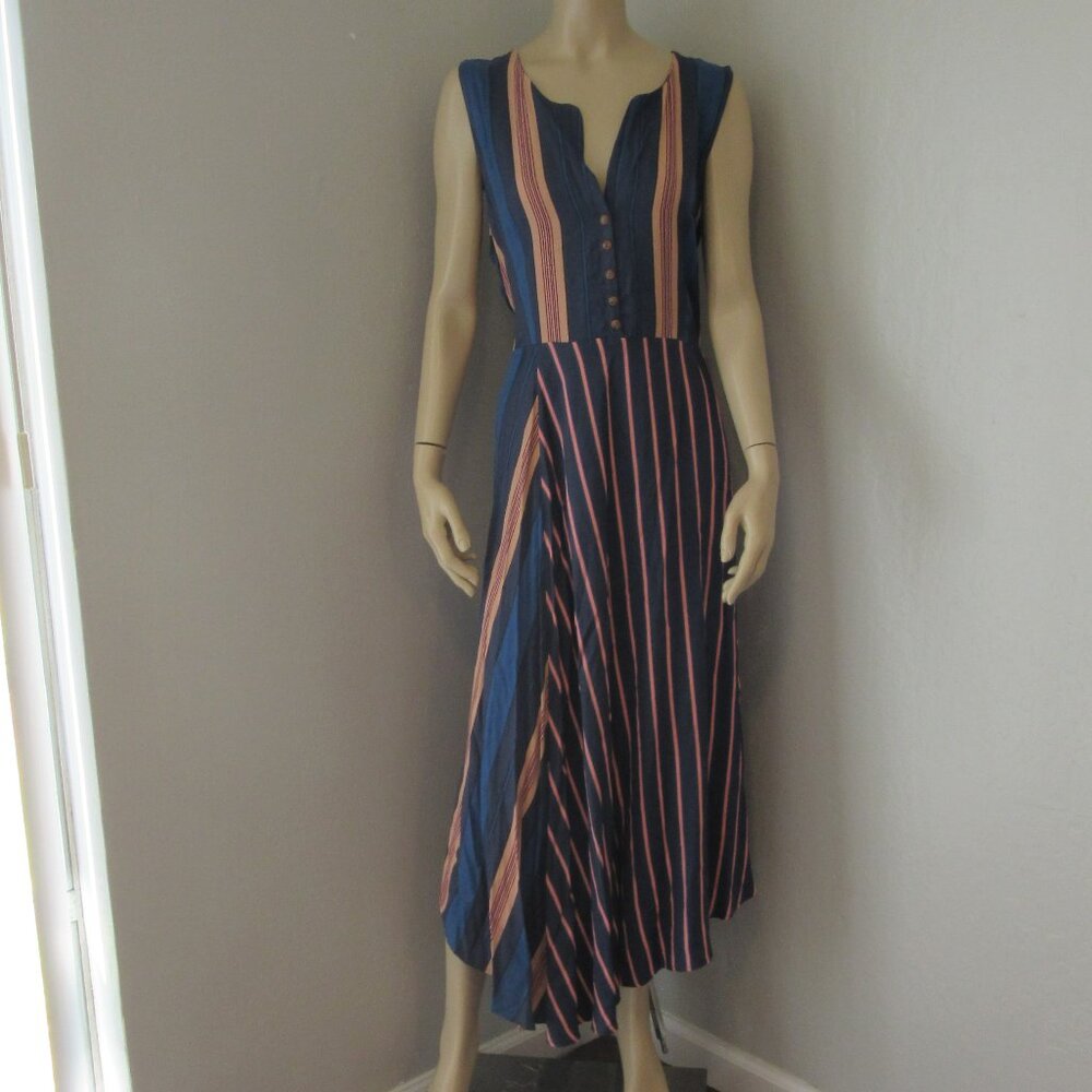 MAEVE Anthropologie Blue & Pink Stripe Asymmetrical Sleeves XL Dress Flaws